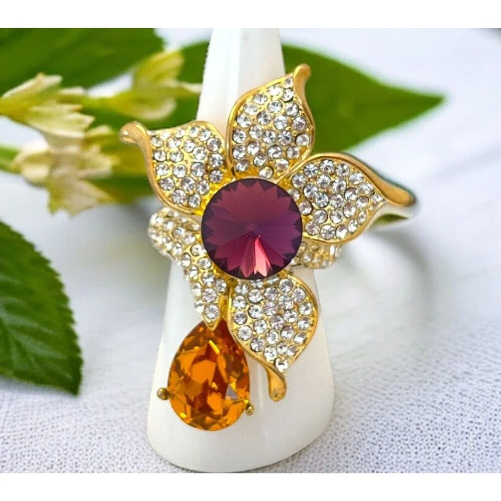 New Crystal Floral Statement Ring Rivoli Orange Drop Gold Tone Size 7.75 - 5T